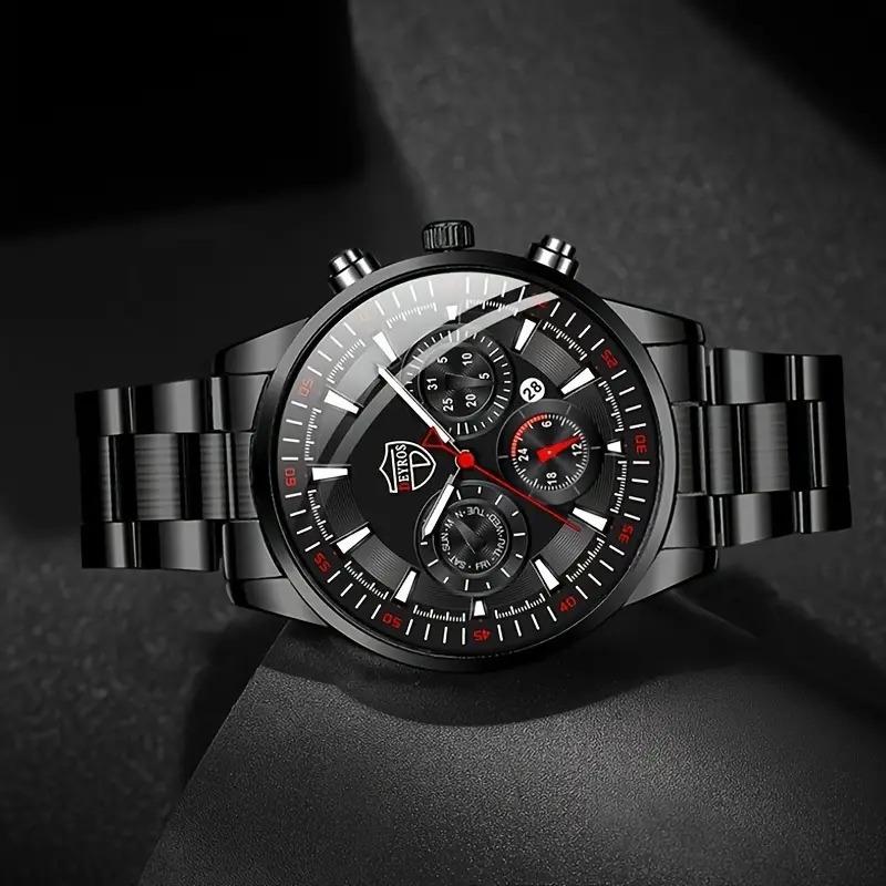 2PCS Set DEYROS Luxury Men's Watch Fashion Men's Calendar Watch Casual Men's Stainless Steel Strap Quartz Watch&Bracelet