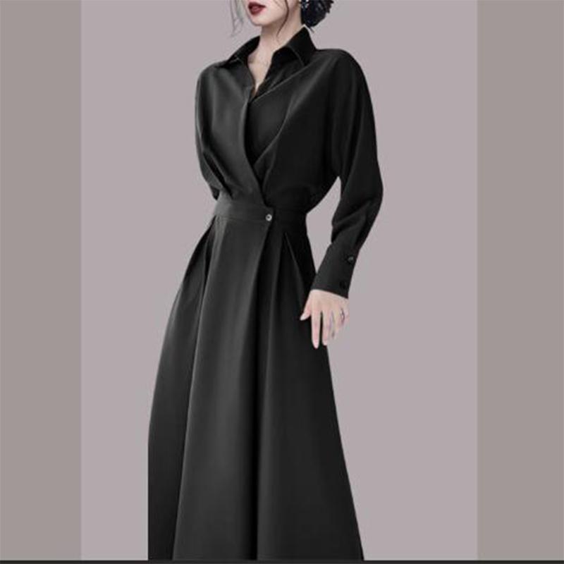 

Летние новые элегантные модные однотонные простые длинные платья с высокой талией для женщин с воротником-поло, стильные универсальные платья Vestidos De Fiesta XXXL