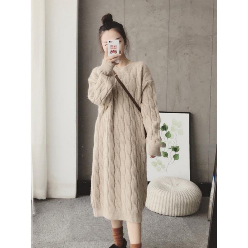 

[] Осень и зима новый однотонный свободный ленивый ветер свитер юбка круглый вырез длинный рукав свободный крой вязаное платье XL абрикосовый