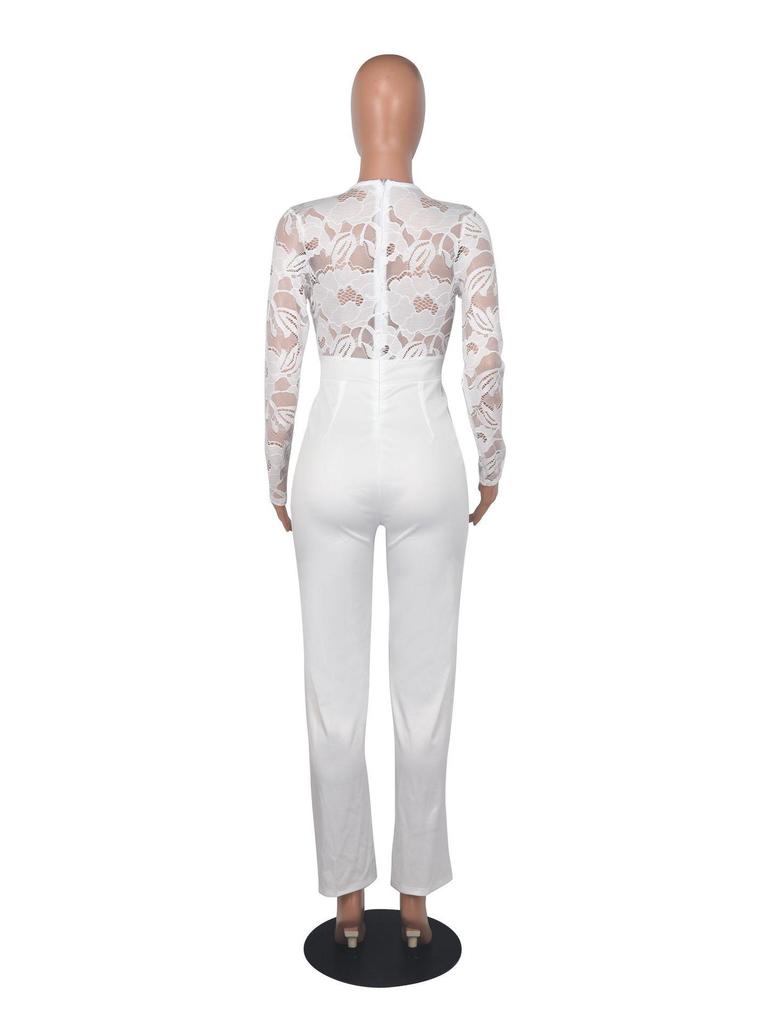 Elegant V-Neck Lace Slim Fit See-Through Jumpsuit