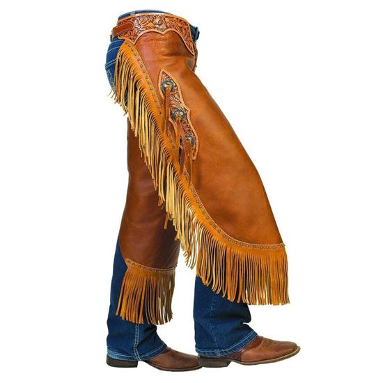 Skreddersydde Western Chinks Cow Leather Chaps Frynser Tooled Yoke Spenne Lukking