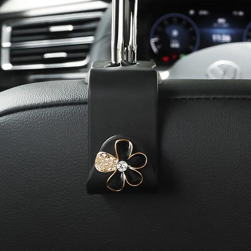 Cute Car Seat Back Hooks Diamond Camellia Flowers Decor Cartoon Bears Car Interior Storage Hook Handbag Hanging Holder Hook