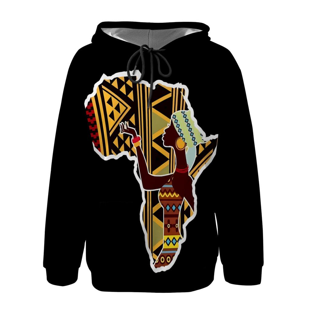 European & American Women's Casual Printed Black Hooded Sweatshirt with Patch Pocket - Drawstring MH612