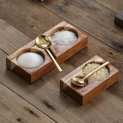 Natural Solid Wood Condiment Tray, Compartmented Serving Dish with Spoons for BBQ Dipping Sauces and Table Organization