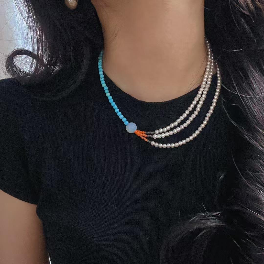 Vintage Multi-Layer Asymmetrical Design Sense Artificial Crystal Pearl Turquoise Natural Southern Red Collarbone Chain Necklace