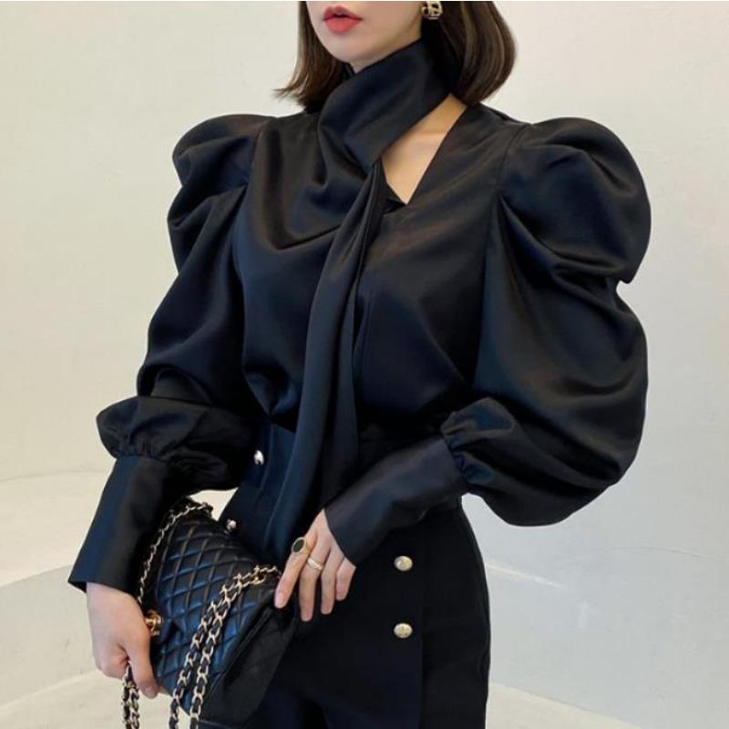 Women Vintage Luxury Chic Satin Shirt Korean Office Lady Ribbon Design Elegant Blouse Spring Autumn Solid Long Sleeve Slim Tops