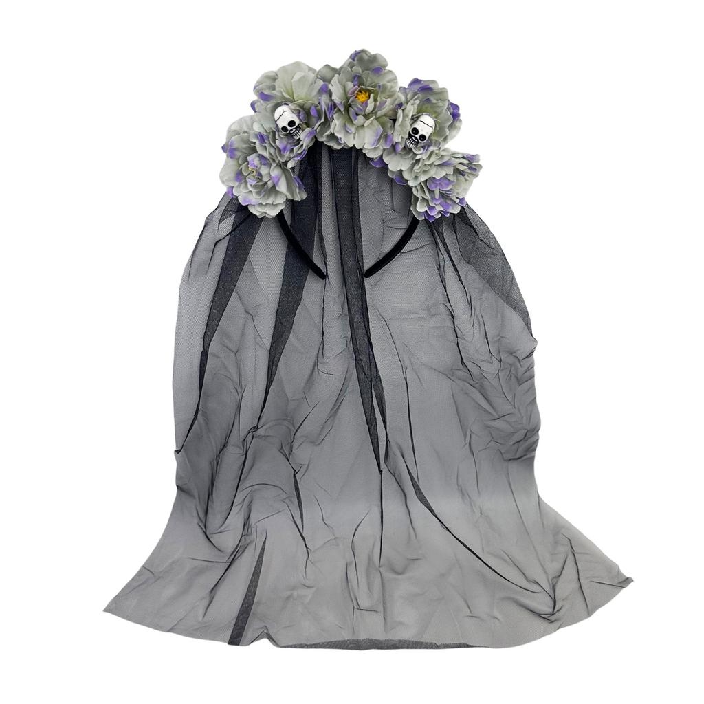 Halloween Ghost Bride Floral Veil Headband Gothic Black Lace Flower Hair Hoop Cosplay Party Photo Props Headwear