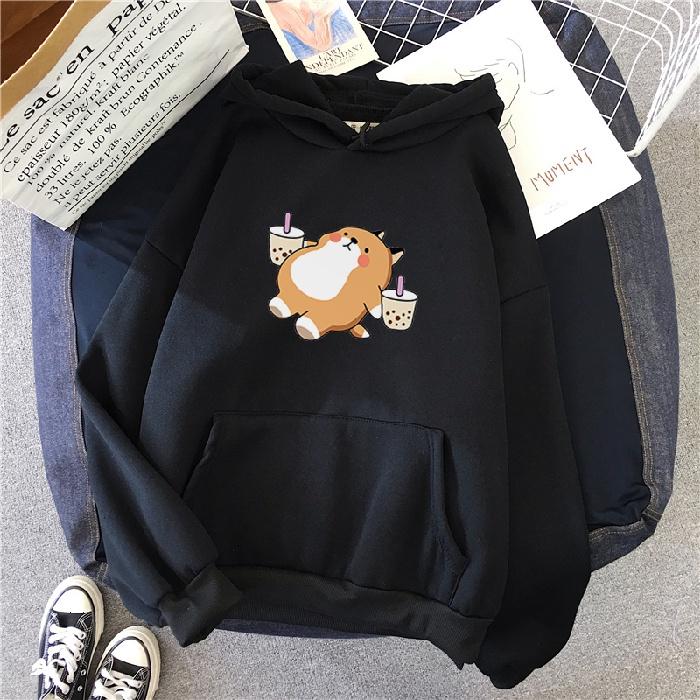 

Autumn Winter Milk Tee Dog Printed Hoodie Women Casual Loose Kawaii Fashion Korean Style O-Neck Long Sleeve Fleece Sweatshirts 3XL