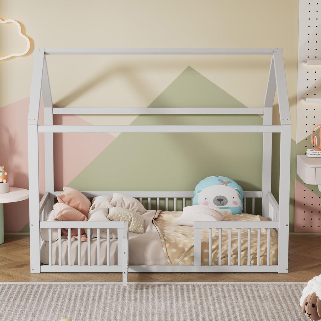 Children's Bed 90x200 Solid Wood House Shape Double Bed, Sturdy, Suitable for Single Bed, Babies Children Adolescents, Without Mattress