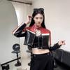 Womens PU Leather Biker Jacket Short Crop Top With Color Block Design Stand Collar Streetwear