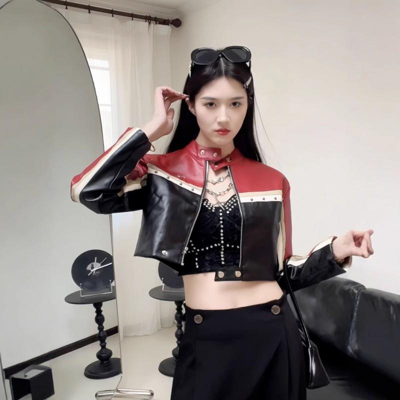 Womens PU Leather Biker Jacket Short Crop Top With Color Block Design Stand Collar Streetwear