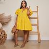 Women's Summer Fashion Solid Color Casual Loose Dress Puff Sleeve Button Doll Collar Skirt
