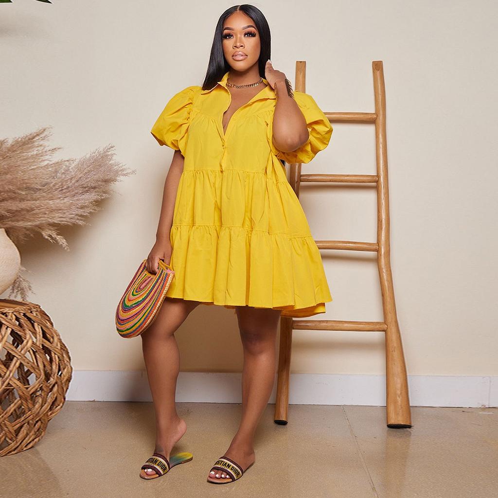 Women's Summer Fashion Solid Color Casual Loose Dress Puff Sleeve Button Doll Collar Skirt