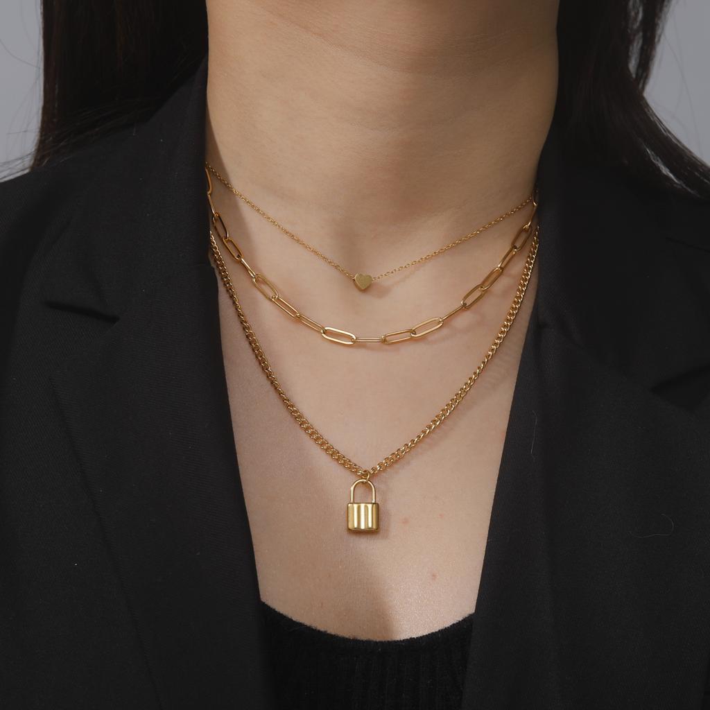 Stainless Steel Three Layers Chain Necklace For Women Heart Lock Pendant Clavicle Necklaces Hip Hop Jewelry Gift
