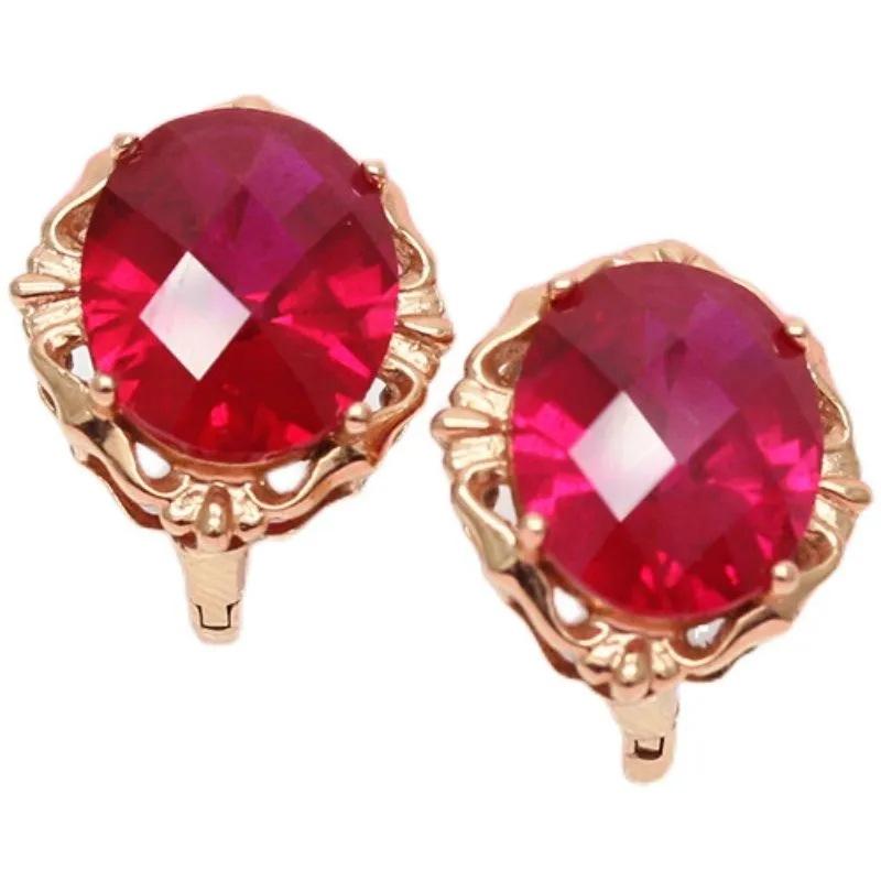 Exquisite Purple Gold 585 Russian Inlaid Redstone Egg Surface Earrings, High-End Temperament Rose Gold-Plated Design Earrings.