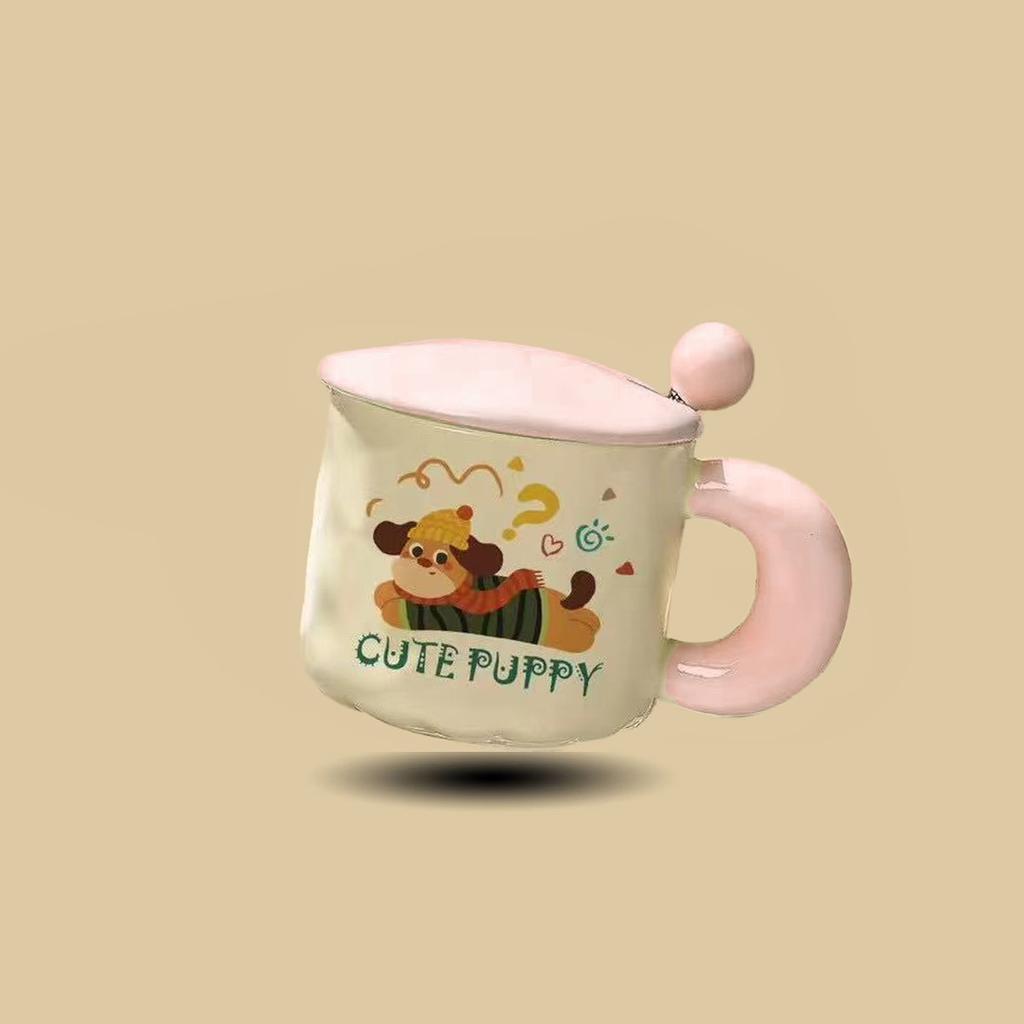 Cute Cartoon Puppy Ceramic Cup High Looking Mug Cup with Lid Spoon Water Cup Birthday Gift for Girls and Children