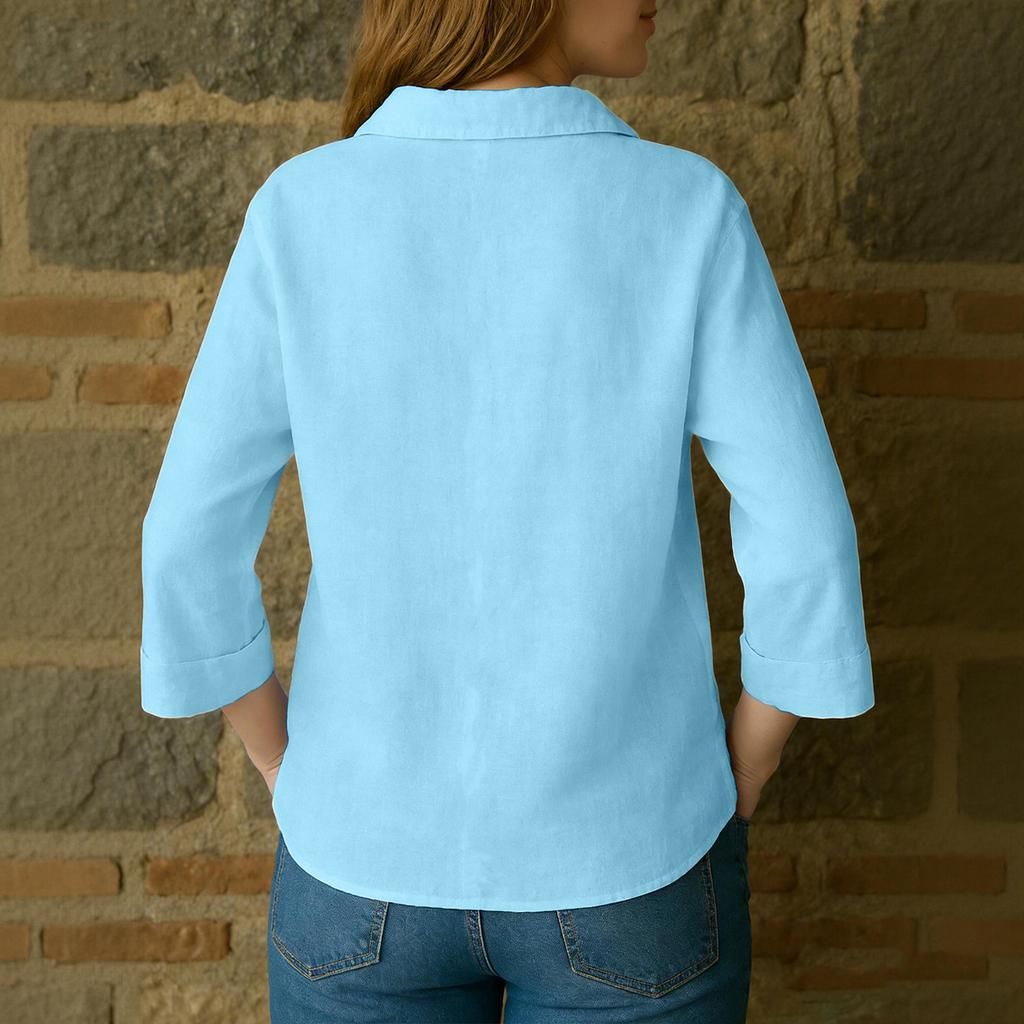 Women's Color Button Pocket Lapel Loose Cotton And Linen Shirt Top