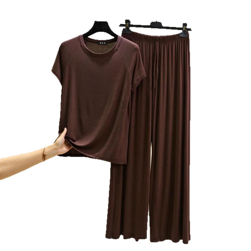 Damen Sommer Freizeit Modal Pyjama Set - Kurzarm T-Shirt & Hose, Übergröße, Bequeme zweiteilige Homewear
