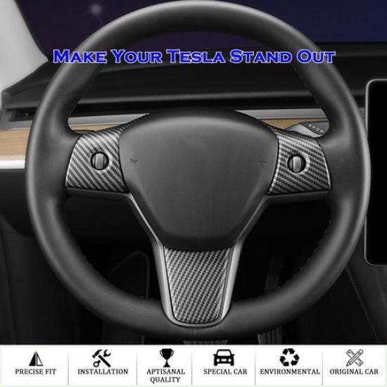 Matte Carbon Fiber Interior Steering Wheel Cover Trim For Tesla Model Y/3 17-23