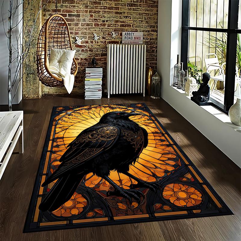 Gothic Style Black Raven Carpet with Golden Stained Glass Design Suitable for use as an anti-slip for living room bedroom sofas