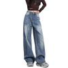 Comfortable High Street Trendy Vintage Washed Denim Trousers High-waisted Wide-legged Petite Casual Straight Trousers Jeans for Women Long Denim Pants