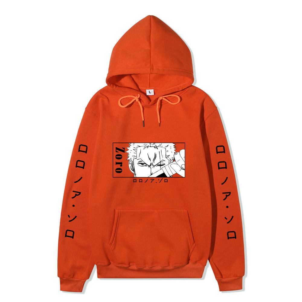 One Piece Hoodie, Roronoa Zoro Manga Graphic Japanese Letter Sleeve Print Pullover Sweatshirt Unisex Streetwear