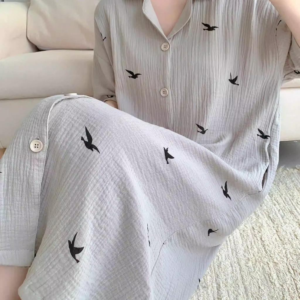 Summer Women's Simple High-Class Sense of Printing Nightgown Girl Models Loose Pajamas Ins Style Pajamas Homewear Dresses