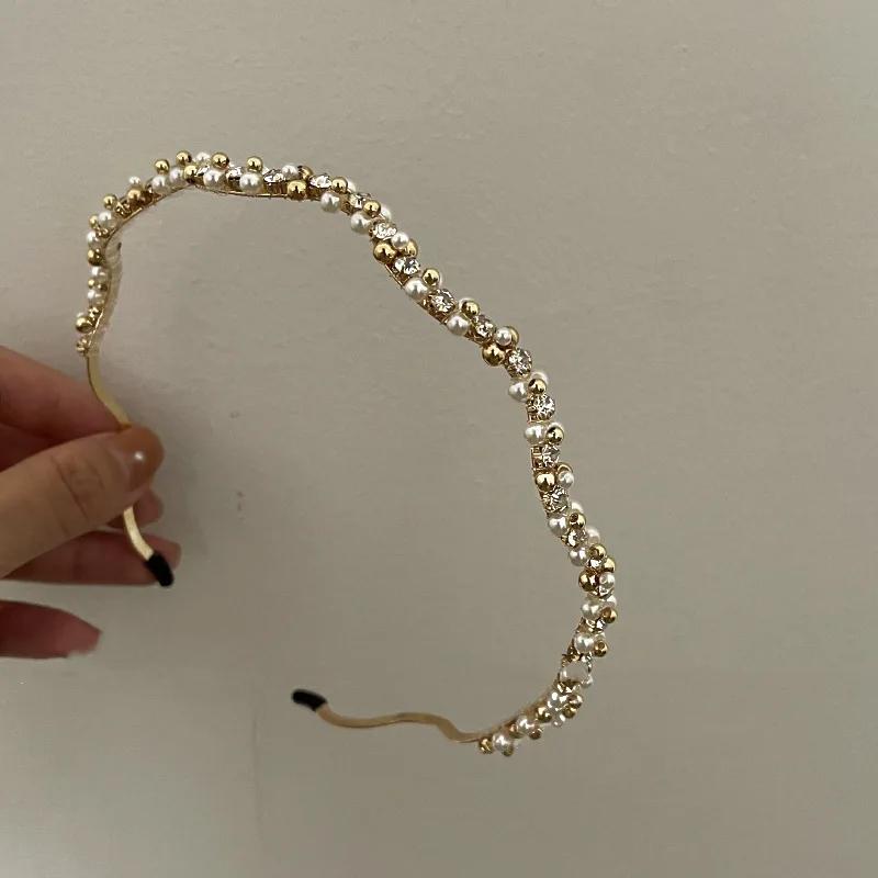 Exquisite Zircon Headbands Simple Retro Pearl Headband Waving Party Crown Head Hoop Elegant Women Gold Bands Headwear