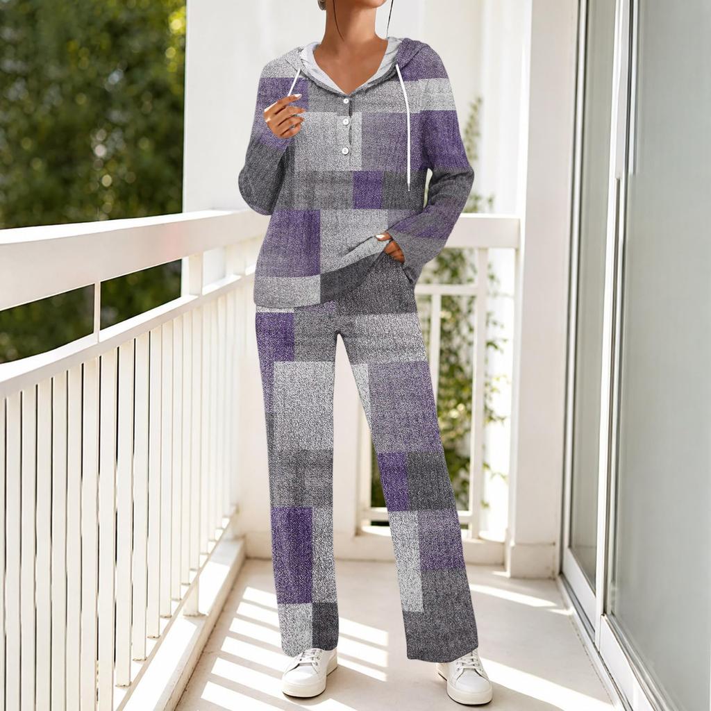 Women's V-Neck Print Long Sleeve Hooded Pajama Set with Pockets, Loose Fit Casual Wear