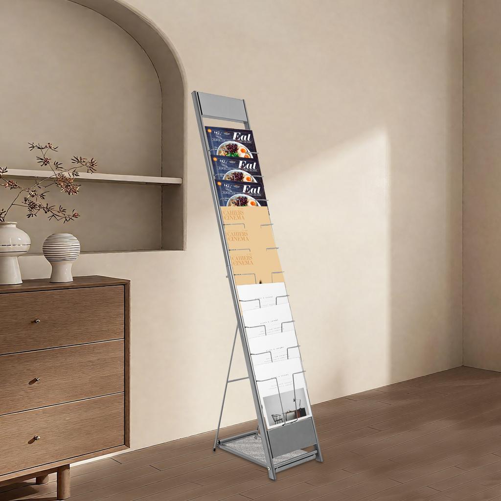 10-Tier Iron Magazine Rack Floor-Standing Heavy-Duty Literature Display Stand 110LBS Load-Bearing Foldable for Office/Bookstore
