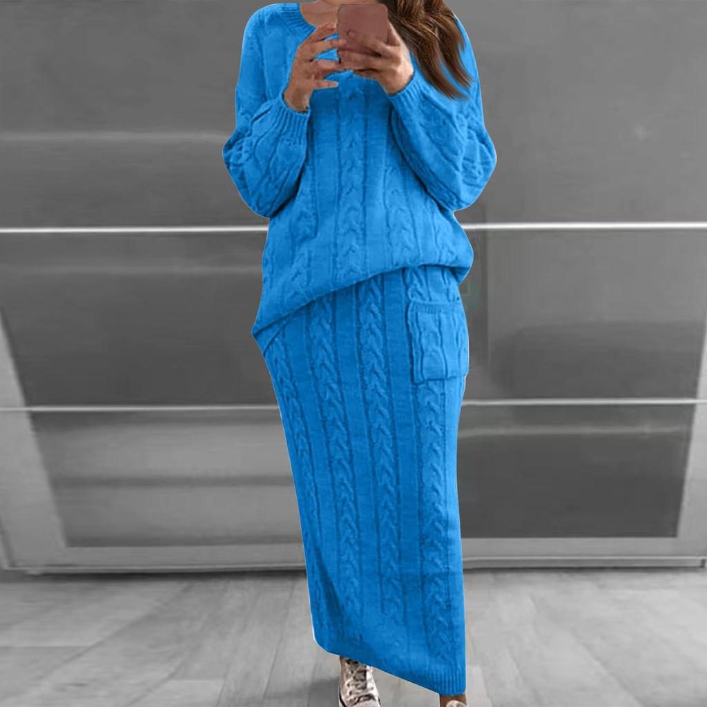 Women Autumn Winter Twist Crop Sweater Hip Skirt Knit Set for Laides Solid Color Slim All Match Two Piece Set