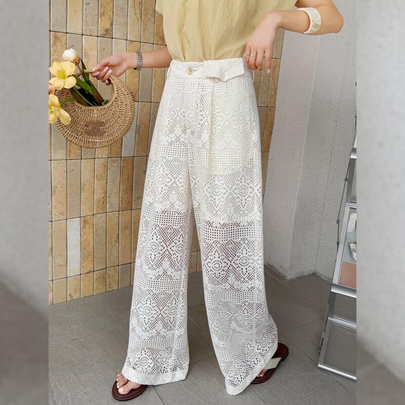 Bailuyu French Retro High-Waist Hollow-Out Embroidered Straight-Leg Pants