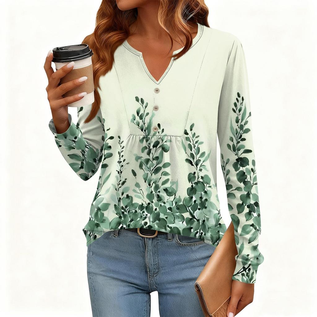 Tricou Pulover de Damă, Croială Relaxată, Gât în V, Culoare Vintage, Blocuri de Culoare cu Imprimeu Floral, Mânecă Lungă