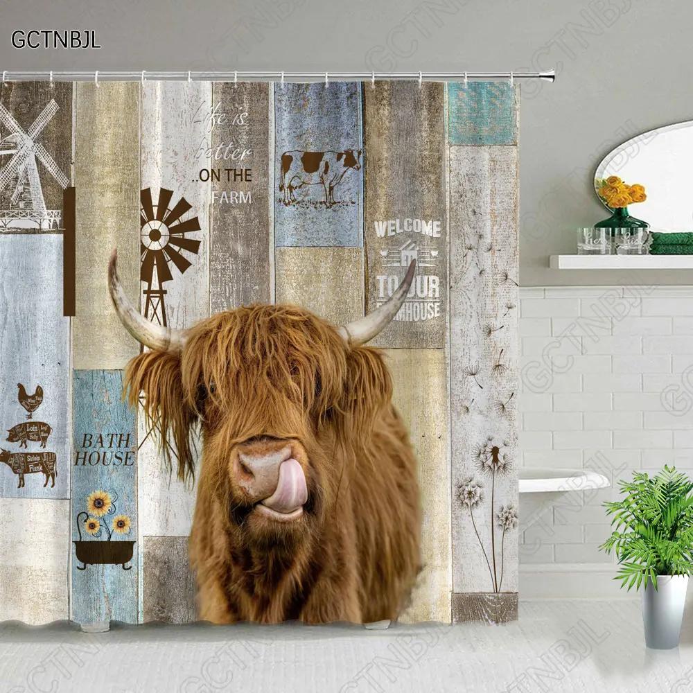 Funny Highland Bull Shower Curtains Set Western Bull Portrait Brown Wood Panel Rustic Landscape Barn Bath Curtain Bathroom Decor