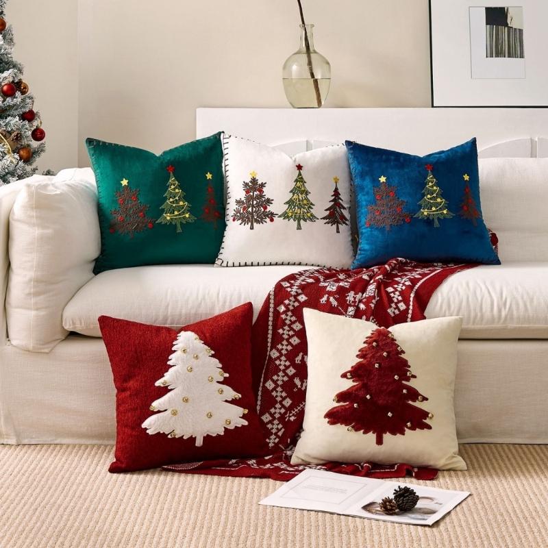 Festive Plush Pillowcase Christmas Tree Design Throw Pillow Cover Short Plush Component For Sofa Bed Decoration