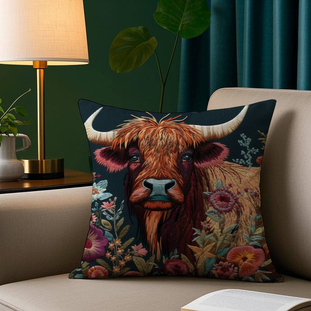 Vibrant Highland Cow Pattern Pillow Case Short Plush Print Cushion Cover Square Throw Pillow Covers Sofa Home Decor