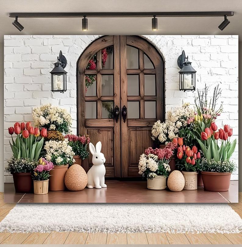 Easter white brick wall flower rabbit Easter egg shooting Backdrop spring flower wall children's birthday party banner Backdrop