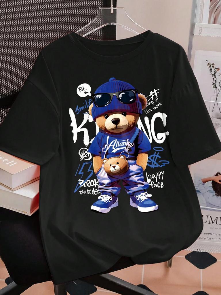 New Style Cartoon Bear Graphic T-shirt Men Casual Loose O-Neck Fashion Top Loose Breathable Cotton Short Sleeve Comfortable Top
