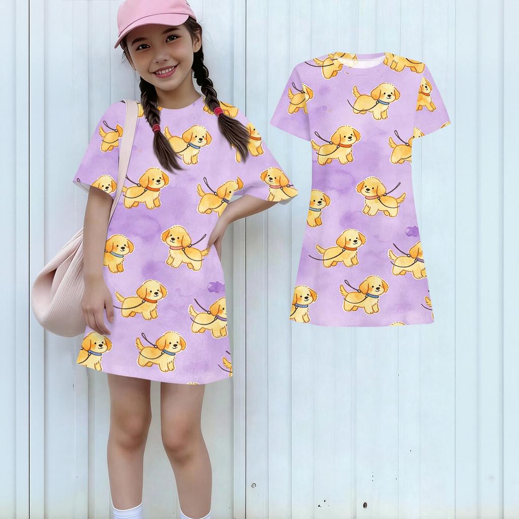 Girls Animal Print Dress Loose Fit Short Sleeve Round Neck Lightweight Summer Dress for Kids Casual Wear