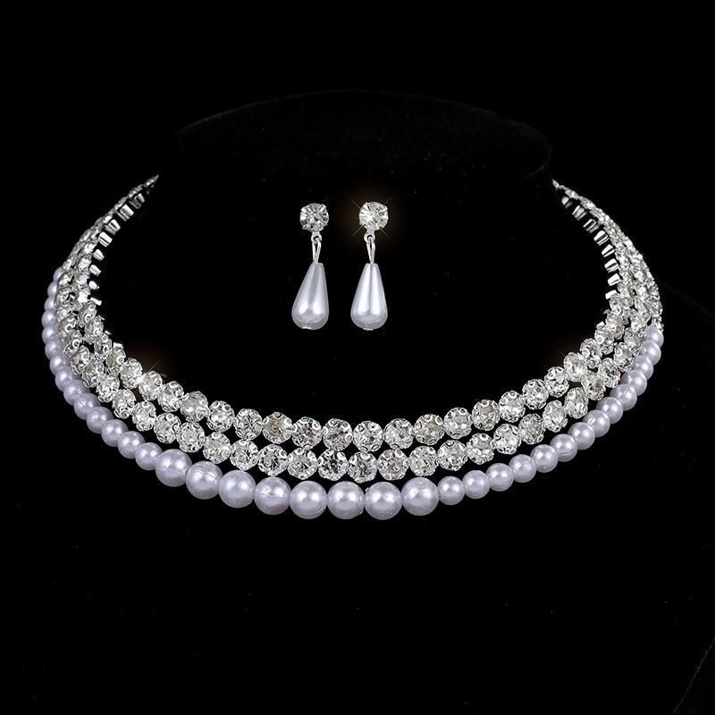 Bridal Pearl Full Diamond Necklace Necklace Diamond Imitation Pearl Bracelet Earrings Necklace Set Women