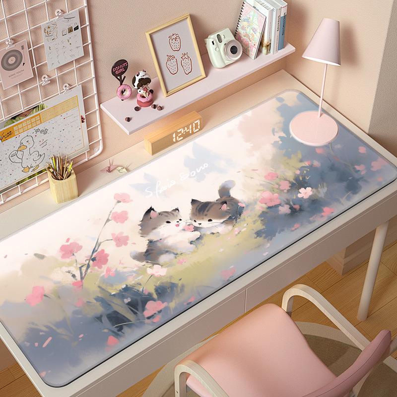Extra Large Cute Cat Cartoon Mouse Pad with Stitched Edges - Aesthetic Desk Mat for Girls