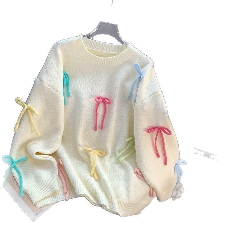 Women's Pink Bow Lazy Style Knit Sweater - Cozy Autumn/Winter Loose Fit, Sweet Age-Reducing Outerwear.