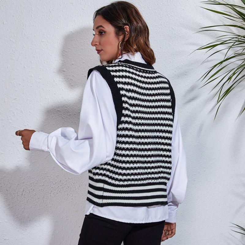 Spring and Autumn Women's Waistcoat Striped Knit Cardigan Sweater Vest