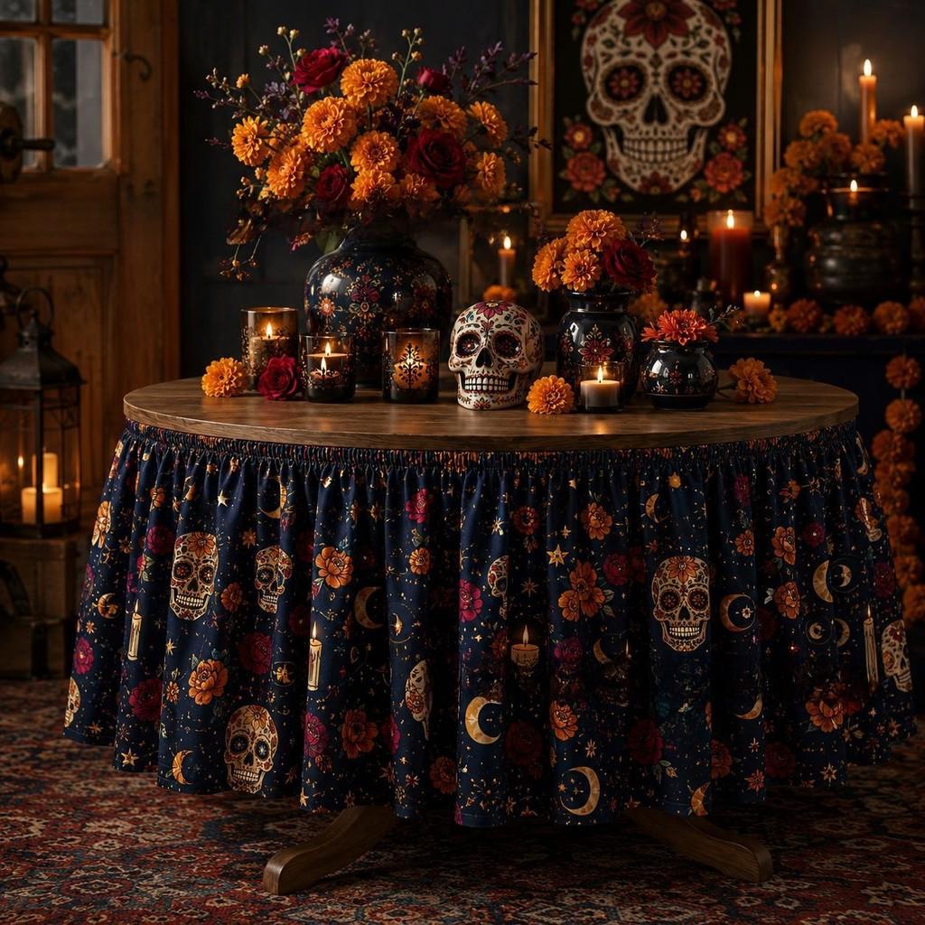 Dia De Los Muertos Table Skirt Mexican Skull Pattern Polyester Party Decor For Events