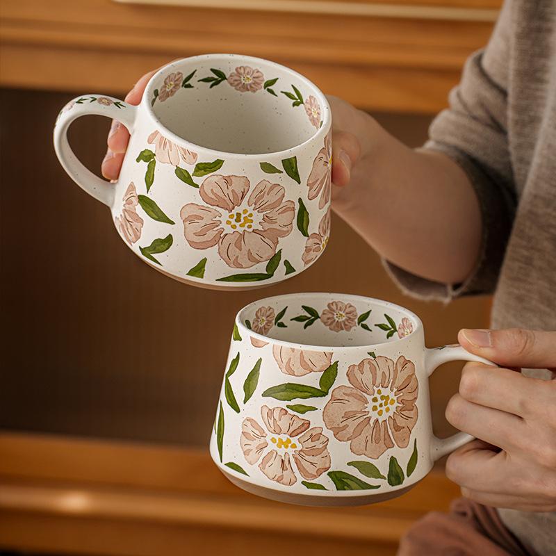Super Beautiful, Vintage Floral Mug Ceramic Coffee Cups Office Water Bottle for Women,Capacity 380ml,Thickened Cup Wall, Pink