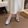 French thick heel with rhinestone single shoes women's 2025 new summer square head shallow mouth middle heel Mary Jane small leather shoes
