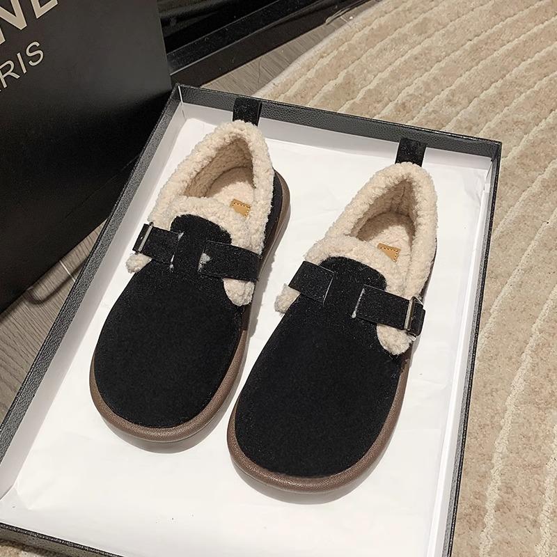 Winter Doudou shoes women's soft leather and velvet outer wear flat-bottomed retro soft-soled Boken big head and one foot cotton shoes