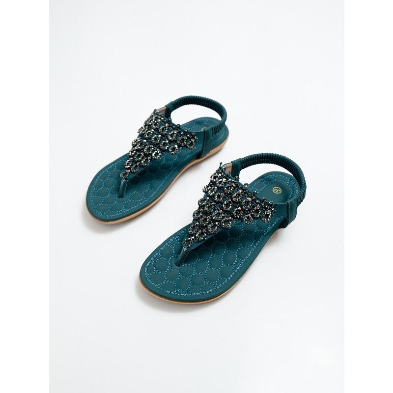 New Sandals with Hand Embroidered Thread, Rhinestones, Oversized Clip On Flat Shoes