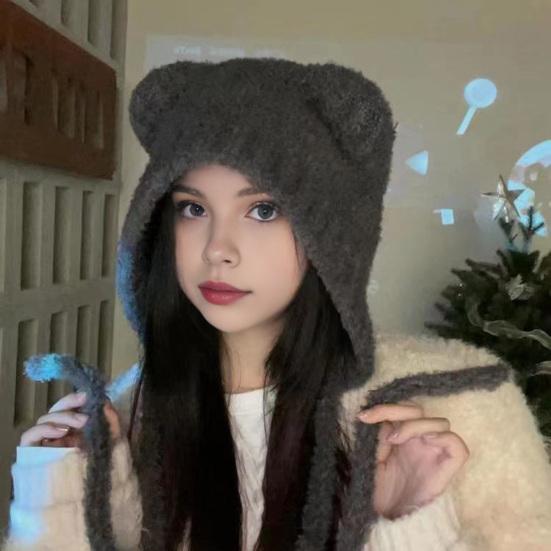 Winter Cute Bear Ears Knit Hat for Women Fuzzy Slouchy Crochet Hat Soft Plush Warm Hat with Ear Flap