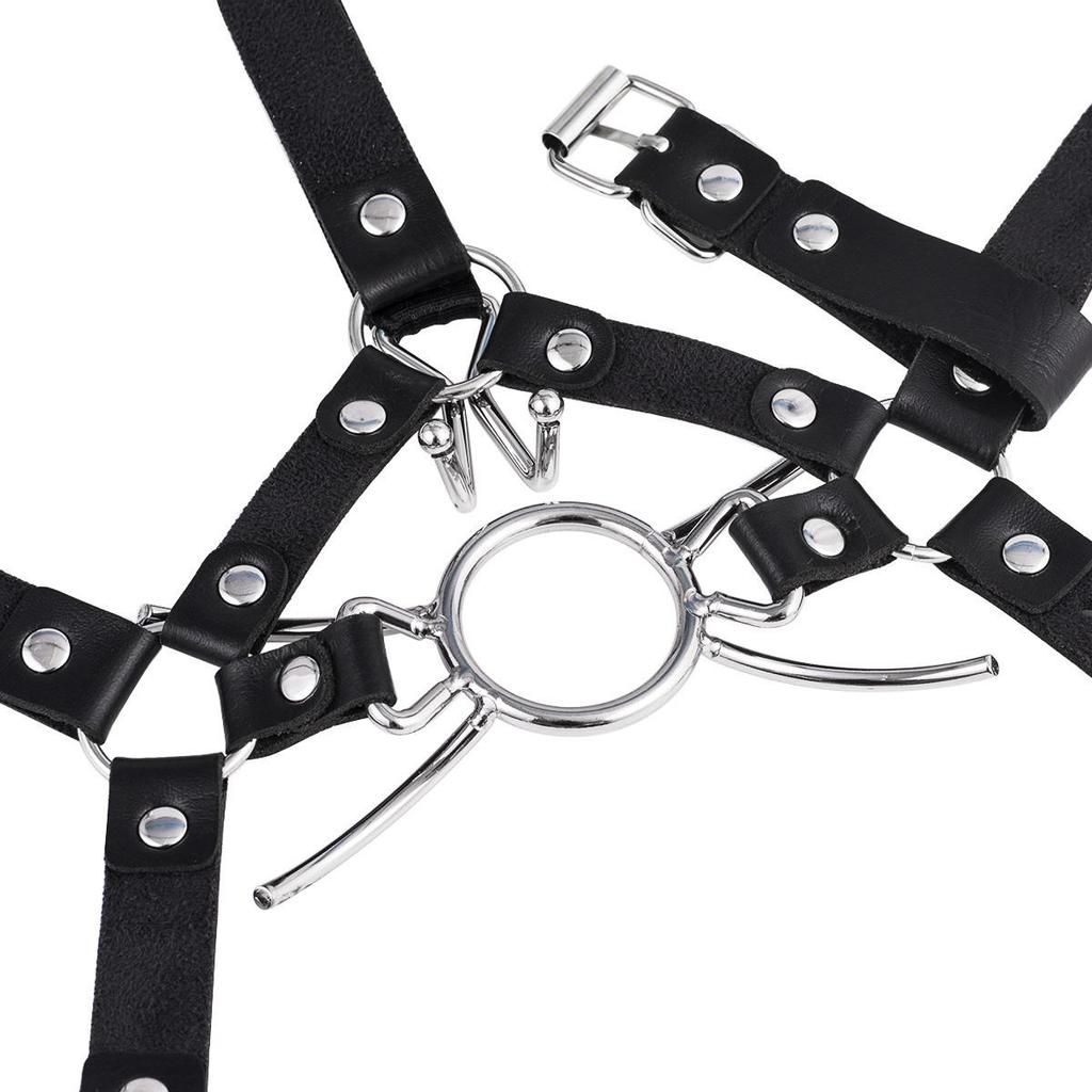 VaHppy Masken Knebel Harness Nasenhaken SM BDSM Bondage Cat Whisker Style Paar Sexspiele Spielzeug Cosplay Edelstahl + PU Erzwungenes Sabbern und Oralsex